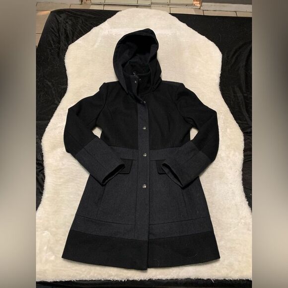 GUESS Jacket Womens Medium Charcoal Gray / Black Wool Blend‎ Hooded Coat - Picture 1 of 9